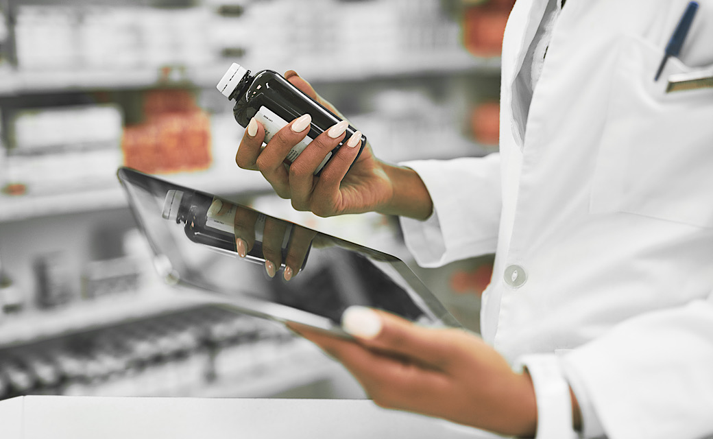 Medicine, hands and girl at pharmacy with tablet for information, research or quality inspection. Digital, ecommerce or pharmacist with app for online shopping product, procurement or stock checklist.