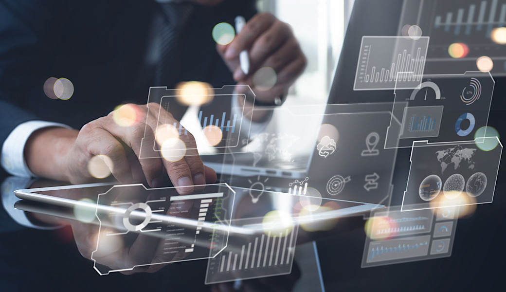 Data scientists, Programmer using digital tablet and laptop computer analyzing information on futuristic virtual interface screen. Algorithm, Data engineering, business and digital software technology